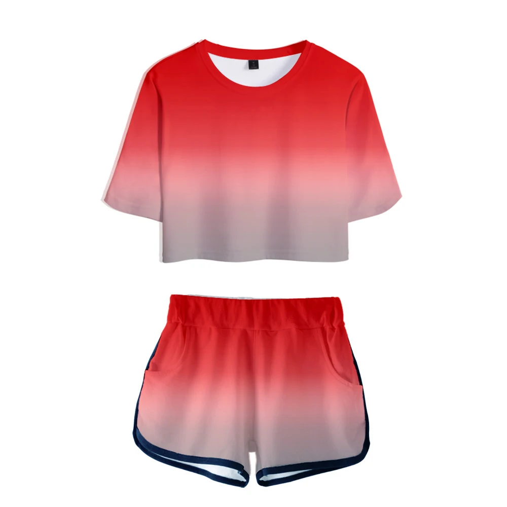 

2021 New Fashion Design Belly Button T-shirt + Shorts Two Piece Set Feminine Belly Button T Shirt Gradient Color Girls Lady Suit