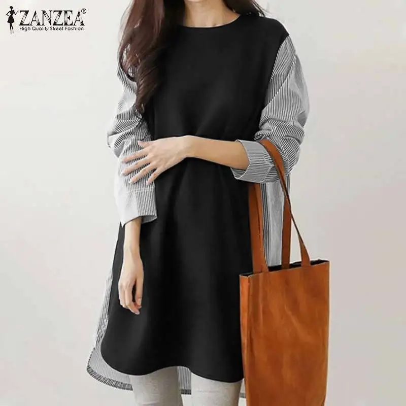 

Office Work OL Chemise Women Short Sleeve Blouse ZANZEA 2021 Stripe Patchwok Shirts Fashion Casual Loose Tops High Low Blusas