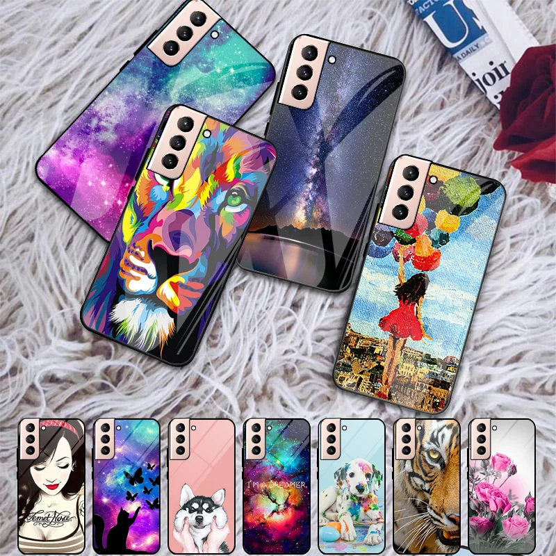 Painted Cases For Samsung S21 Plus Case Tempered Glass Cover On Samsung Galaxy S21 S21 Ultra Bumper Fundas Cat Cute Cartoon