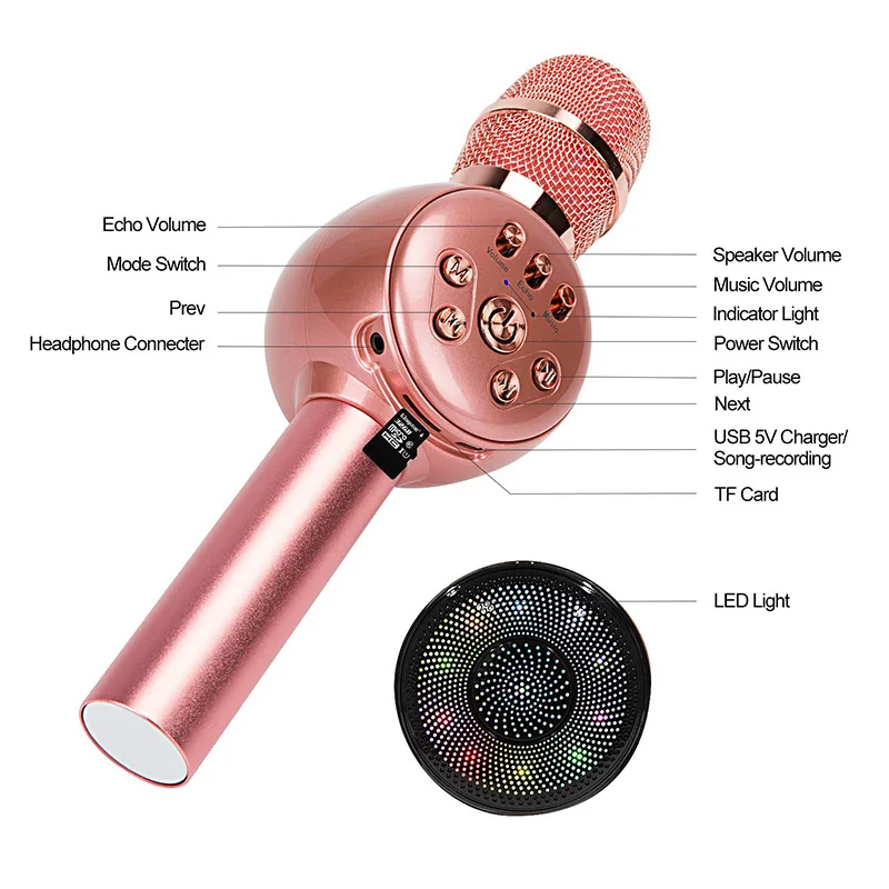 M102 rose gold Беспроводной микрофон караоке, ручной Bluetooth динамик, встроенный аккумулятор и двойной динамик с светодиодный светильник для вечерние/KTV - Цвет: M102 rose gold
