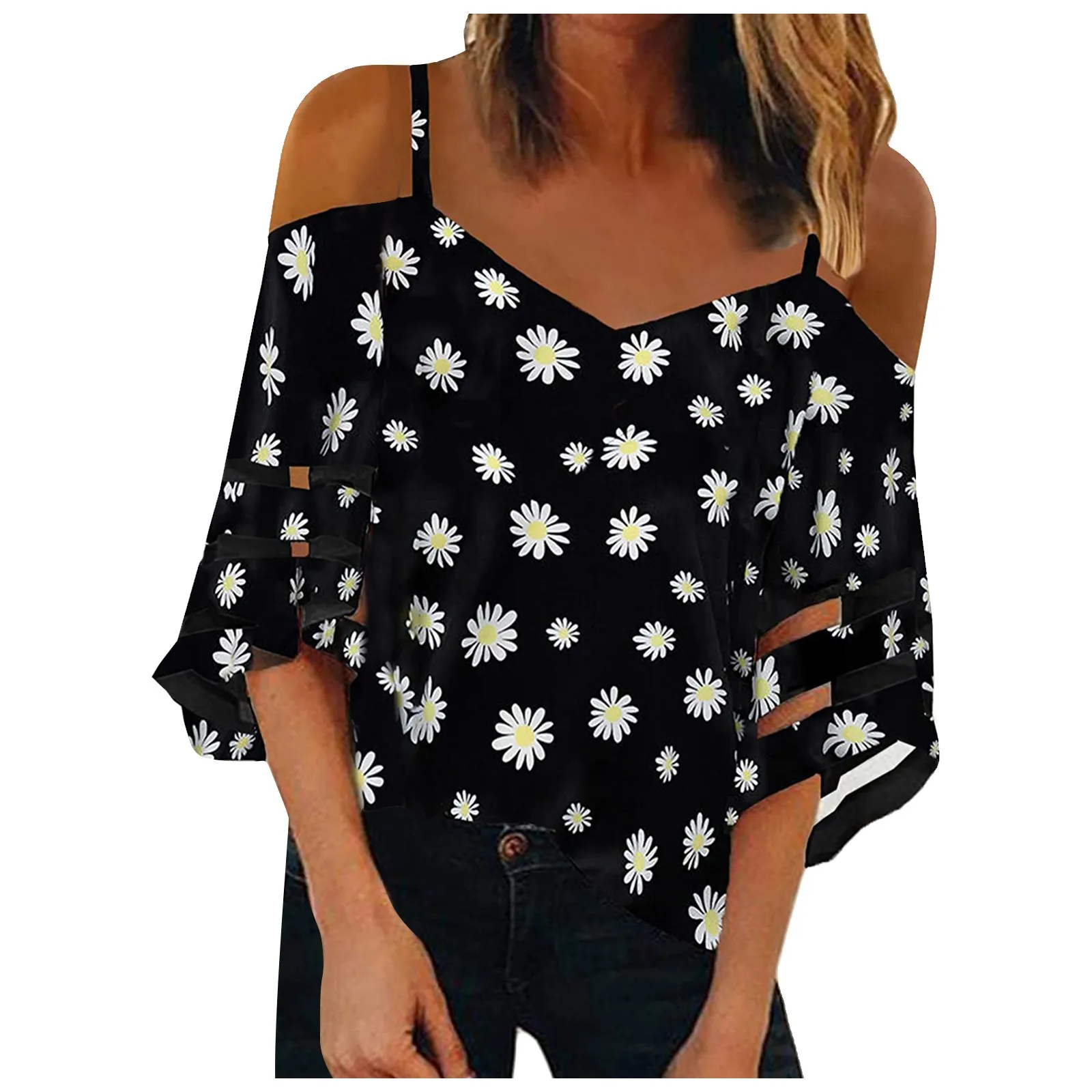 

Daisy Print V Neck Elegant Blouse Shirt Women 2021 Summer Off Shoulder Flare Sleeve Mesh Patchwork Tops Femme Summer Blouses