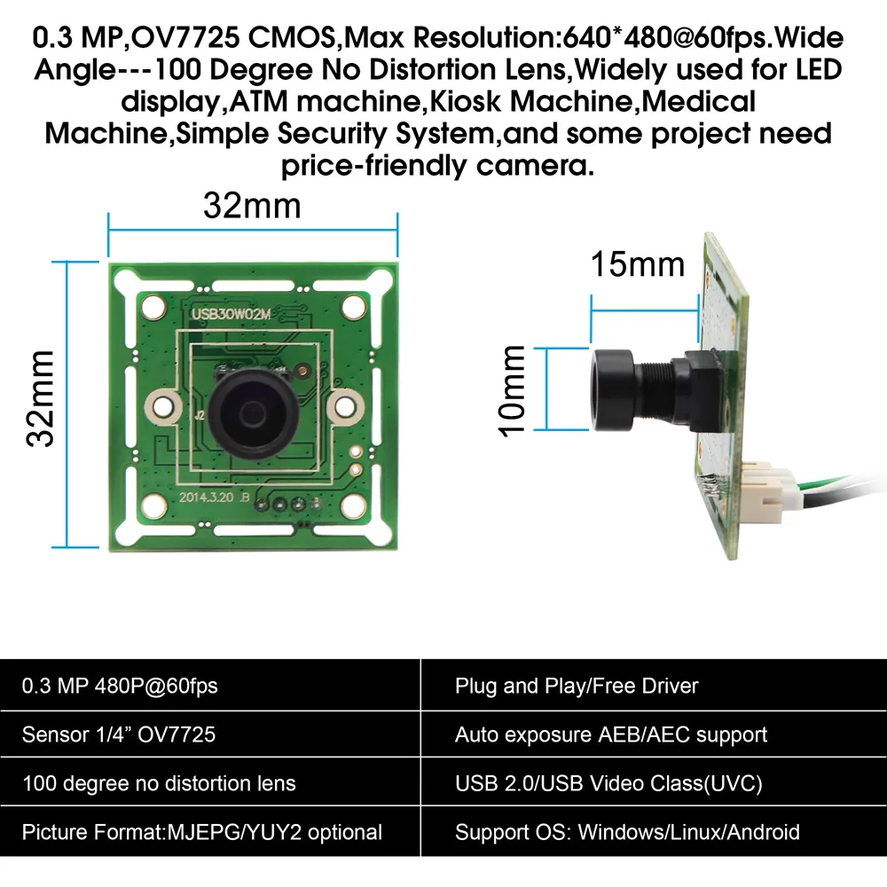 ELP Бесплатный драйвер 640*480 VGA 100 градусов веб камера USB2.0 OV7725 цветной CMOS сенсор мини