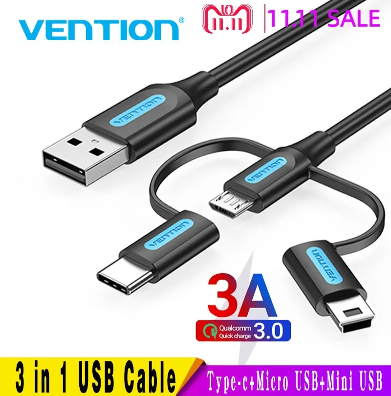 

Vention 3 in 1 USB Type C Cable for Xiaomi Mi 9 3A Fast Charging USB Cable for Samsung Galaxy S10 S9 Plus Huawei Micro USB Cable