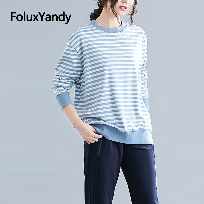 

Свободные топы, женские брендовые новые футболки с длинным рукавом, Весенние футболки с круглым вырезом, повседневные полосатые топы NQYL145