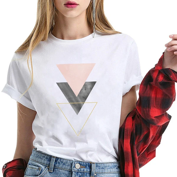

Summer short sleeve geometric graphic print female T-shirt round neck casual white cute cartoon pattern girl clothes