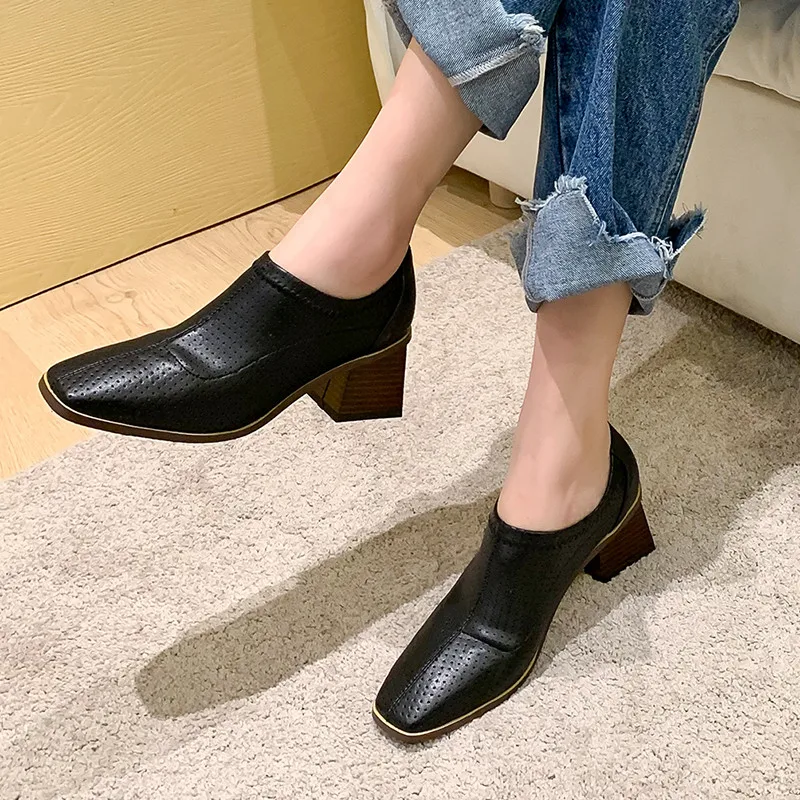 

MORAZORA 2021 Genuine Leather Women Pumps Thick Heels Square Toe Ladies High Heels Shoes Spring Autumn Casual Single Shoes