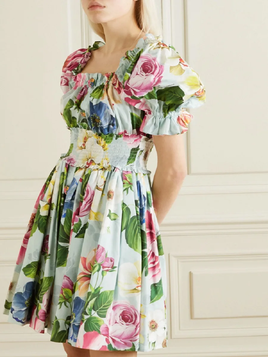 

Summer Women's Cotton 3D Printing Ruffles Elastic Waist Pleated Dress 2020New Women's Short Sleeve Fashion Party Poses, Skirt XL