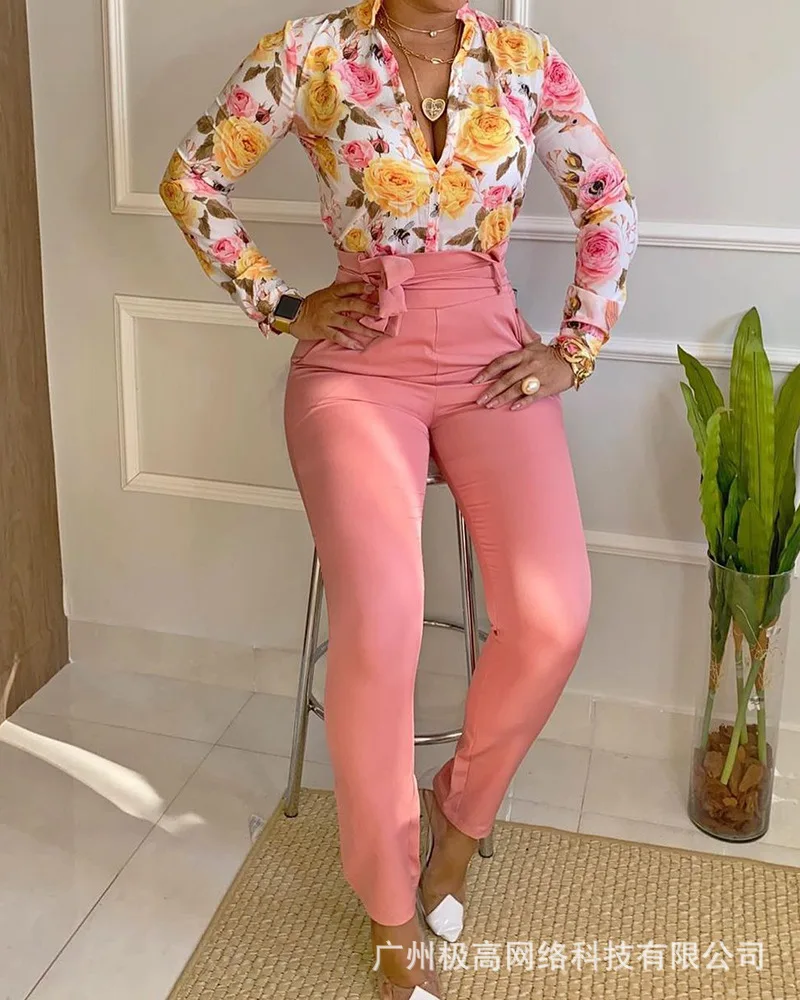 

Women's 2021 new full-width floral long-sleeved lapel shirt suit trousers