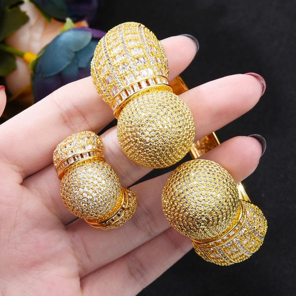 

Blachette Trendy Luxury Bubble Ball Shape Full Cubic Zirconia Bangle Ring 2PCS Woman's Wedding Daily Anniversary Jewelry Sets