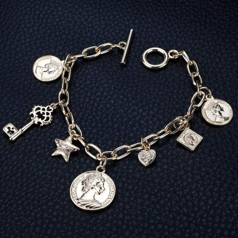

AL-SL30514/TRACYSGER/Queen Gold Coin Lock Charm Big Wrist Key Heart Star Adjustable Chain Bracelet