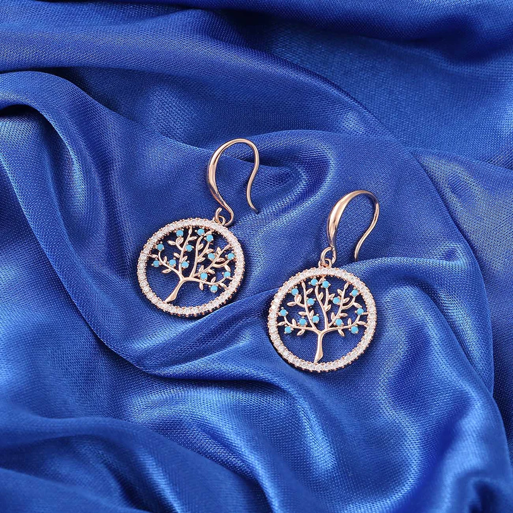 Модные изысканные серьги-подвески с кубическим цирконием и деревом жизни для