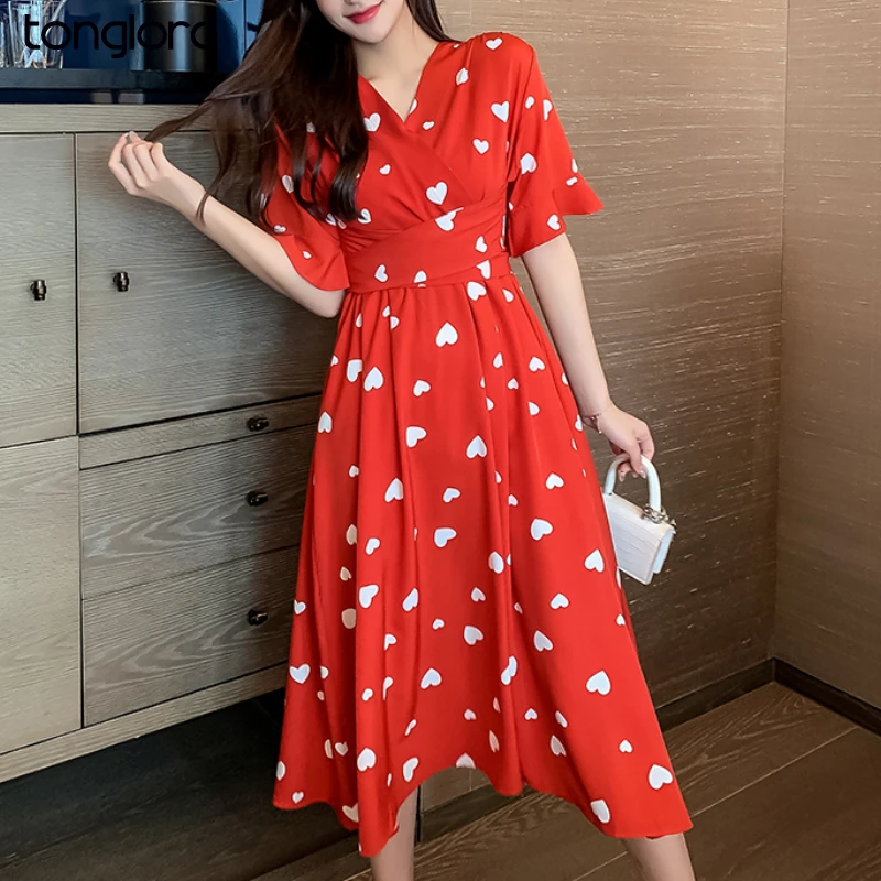 

Women's Chiffon Dresses Summer Short Sleeve Cherry Heart Printed Dress 2021 Woman High Waist V-Neck Vostidos With Belt Oversize