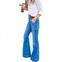 women high waist jeans slim fit casual bell bottom pants pockets female flared trousers wide leg denim loose sexy trousers 6123