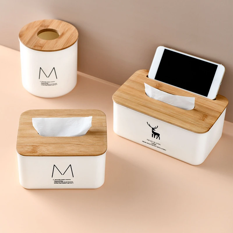 

1Pc Creative Plastic Tissue Box Home Desktop Living Room Bathroom Toilet Paper Storage Organizer Napkin Holder with Wooden Lid