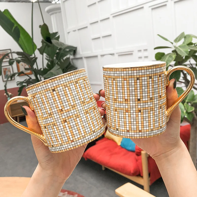 

European mosaic gold ceramic mugs high-end style light luxury coffee cup