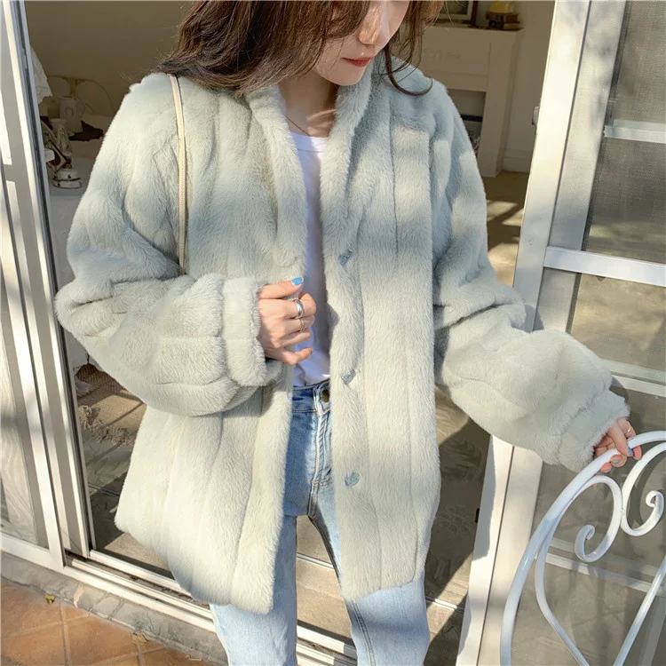 Меховое плюшевое пальто с воротником-стойкой Осень-зима теплый свободный