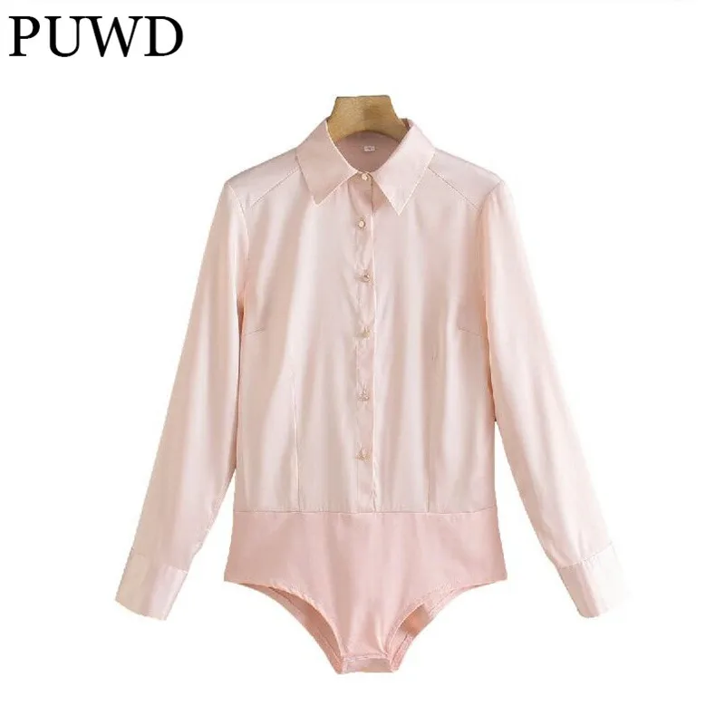 

PUWD Elegant Women Long Sleeve Satin Bodysuit 2021 Autumn Fashion Ladies Turn-down Collar Casual Playsuit Female Chic Jumpsuit
