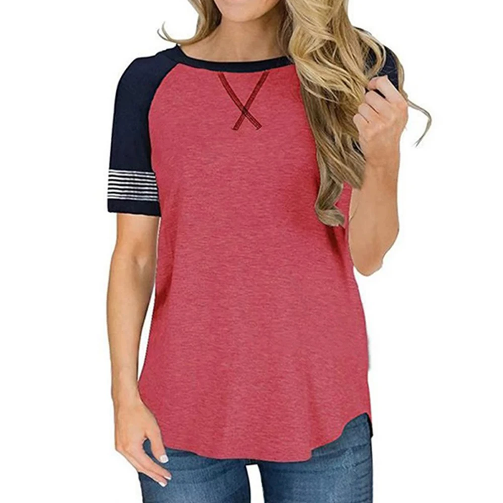 Женский Цветной лоскутный пуловер с коротким рукавом Повседневная футболка