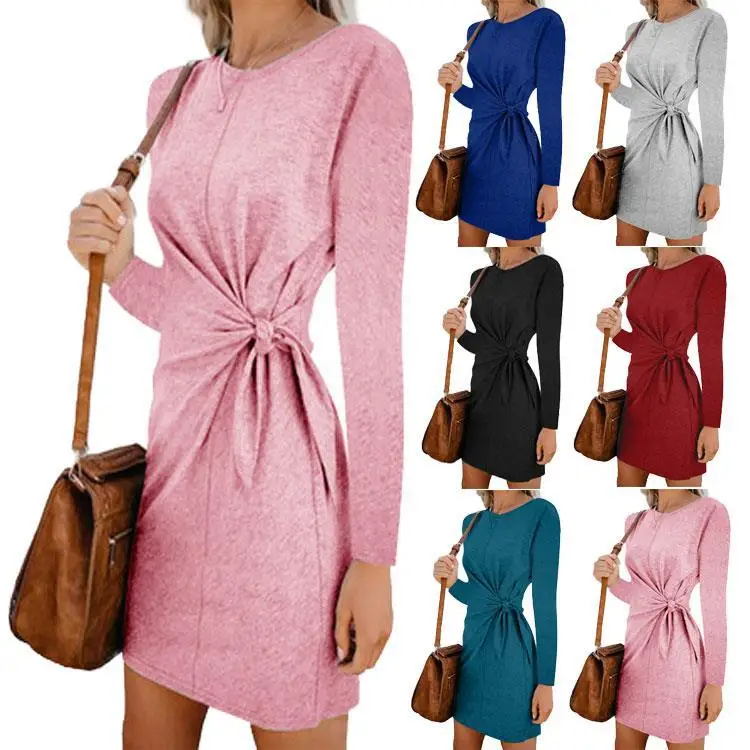 

Women Fashion Mini Dress Casual Round Neck Waist Tie Autumn Women Dress 2020new Loose Solid Women Short Dress Plus Size Vestidos