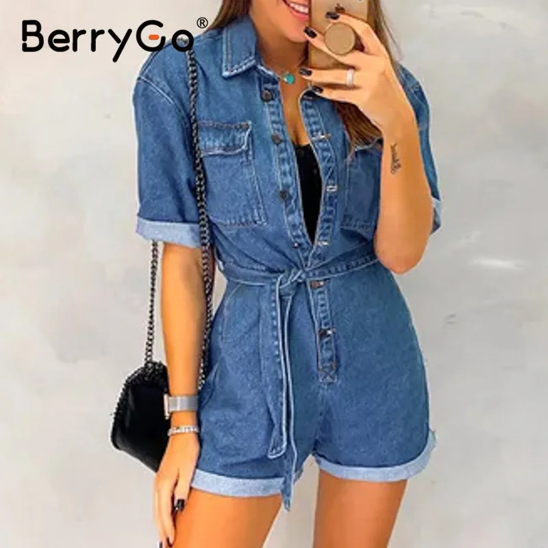 Женский джинсовый комбинезон BerryGo повседневный синий с короткими рукавами и