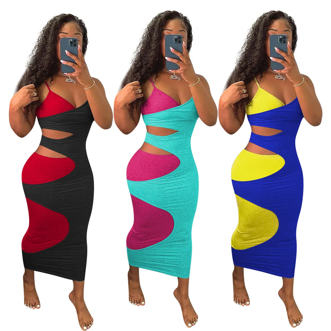 

Women Summer Slip Dress, Match Color Hollow-Out Spaghetti Strap Dresses Sleeveless Long Braces Skirt for Girls