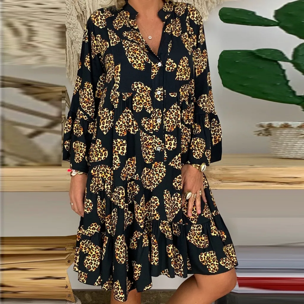 

Summer retro women's dress ladies loose fashion print two-thirds sleeve ruffled mini beach dress summer 2021