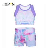 kids girls ballet dance costume outfit colorful tie dye stretchy sleeveless tanks crop top with high waist shorts set dancewear