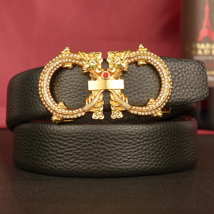 

New Designer Belt Men's Double Dragon 8-shaped Business Belt Leather Head Leather Diamond Inlaid Belt Height Quality Brand