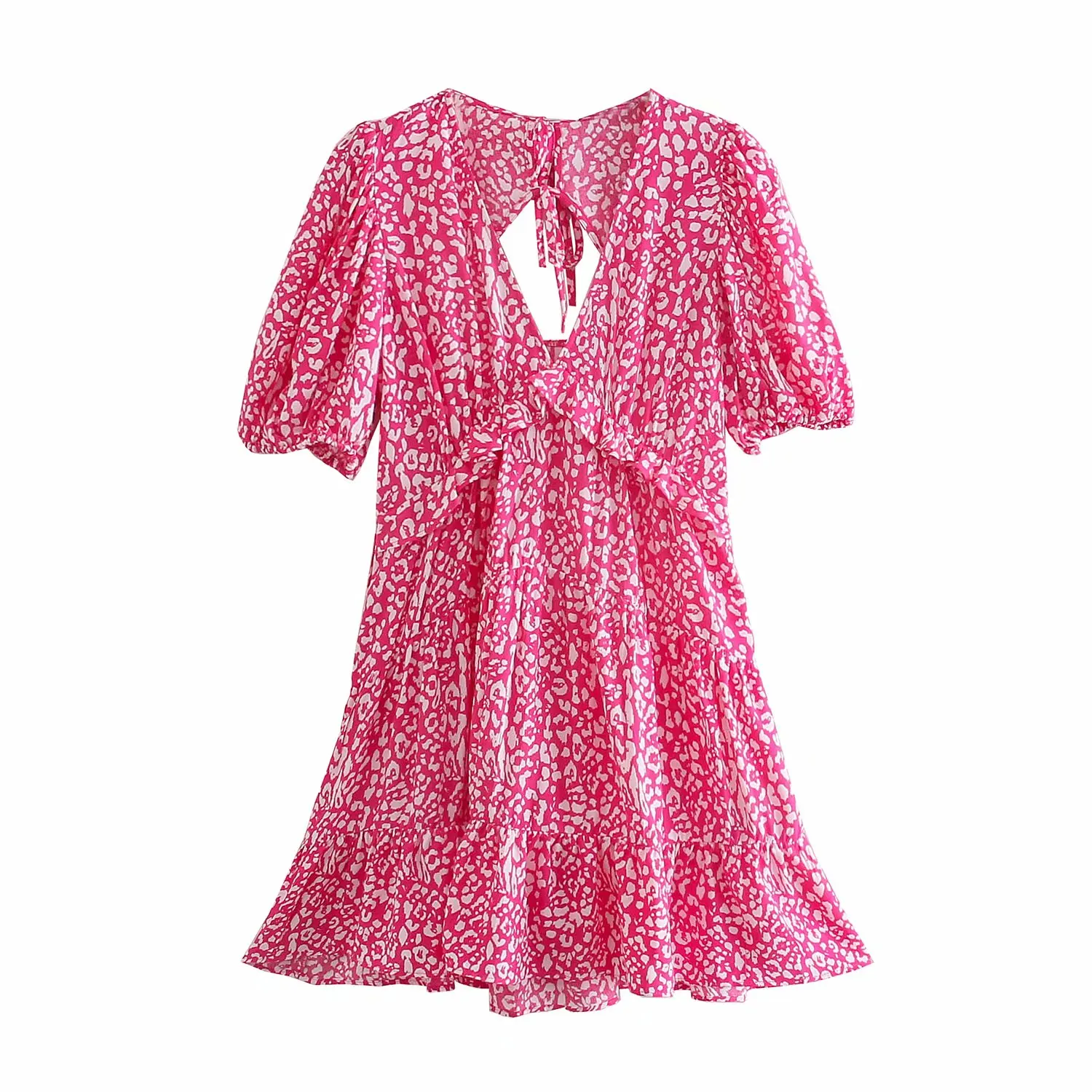 

Женское мини-платье с длинным рукавом, оборками и открытой спиной