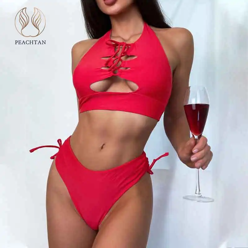 

Peachtan Bandeau bikini set Bandage swimwear female Halter swimsuit women's swimming suit Hollow out bathing suit Sexy biquini
