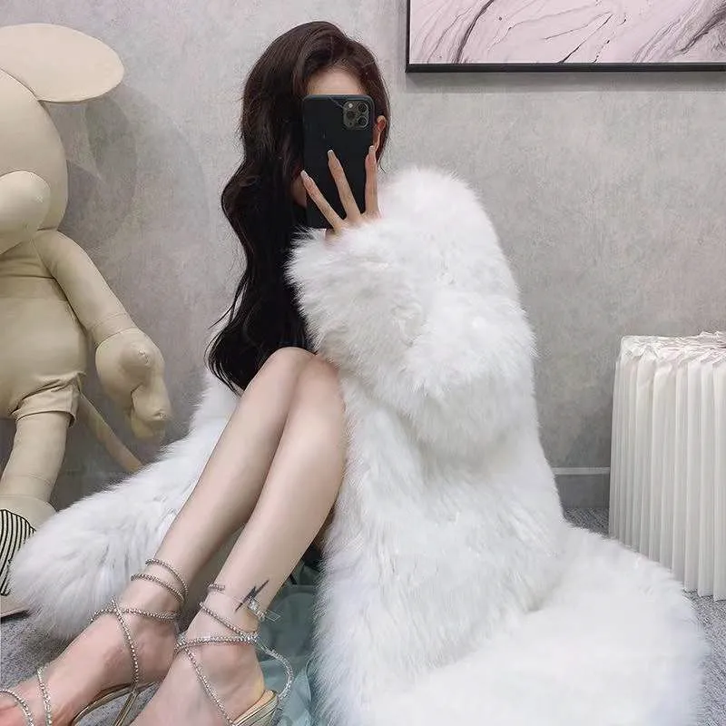 Женское зимнее пальто из искусственного меха Свободное средней длины с