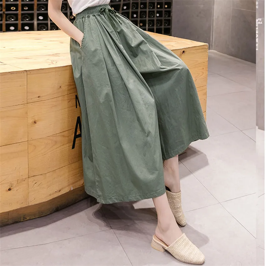 

20 New Fashion Women Wide Leg Pant Casual High Waist Ankle-Length Pant Summer Female Eastic Waist Thin Skirt Pants Trousers 1182