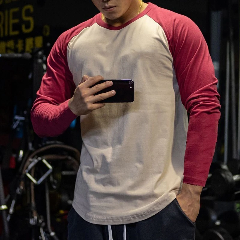 

Splicing Sleeve Sports Leisure Long Sleeve T-shirt Men's Round Neck Fitness Breathable Fashion Top TEE Shirt Clothing