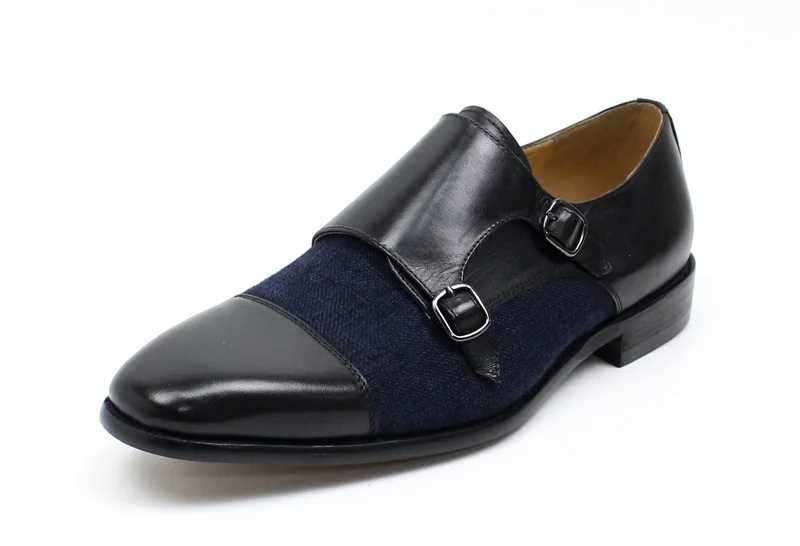DANIEL WAFER Brand Designer Monk Strap Mens Dress Shoes Genuine Leather With Denim Black Brown Wedding Party Dress Shoes Men