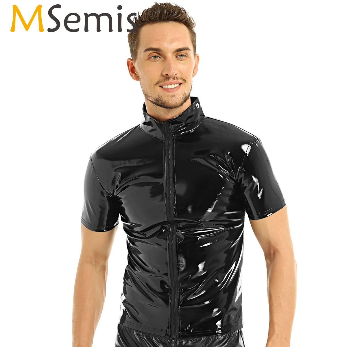 MSemis Unisex Men Metallic Leather Top Sexy Muscle Gay T-shirt Hipster Front Zip Up Shirt Tops Stage Party Clubwear Costumes