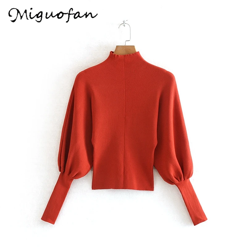 Miguofan women sweaters turtleneck jumper knitted thin sweater lantern sleeve stretchy slim pullovers female solid tops | Женская одежда