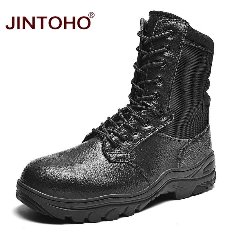 JINTOHO/зимние мужские ботинки из натуральной кожи; рабочие ботинки до середины икры; зимняя обувь из натуральной кожи; мужские ботинки - Цвет: black