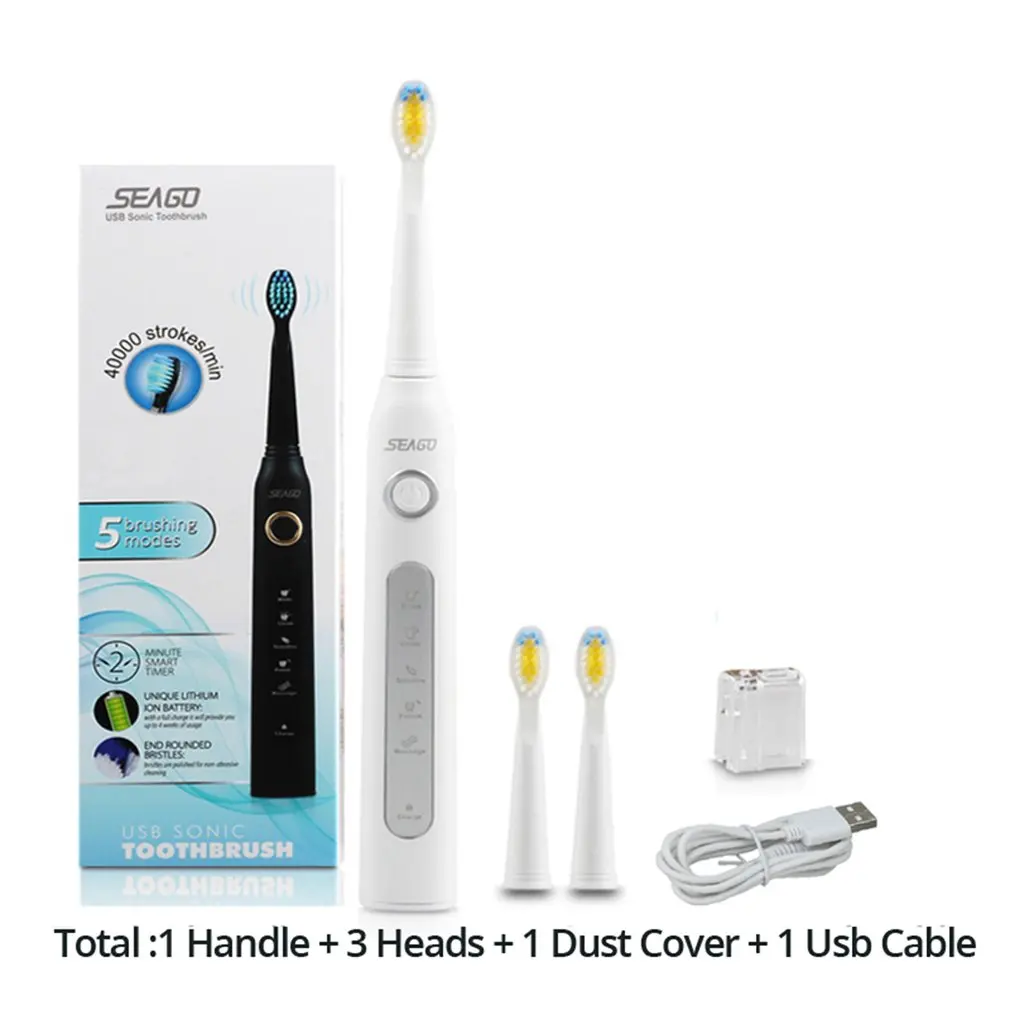 

Seago SG-507 USB перезаряжаемая электрическая зубная щетка для взрослых Водонепроницаемая Глубокая чистка зубов щетка с 2 сменными головками