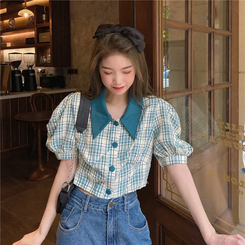 

HOUZHOU Women's Shirt Vintage Plaid Puff Sleeve Top Harajuku Cute Clothes Korean Fashion Button Up Green Short Sleeve Shirts