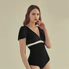Слитный купальник с коротким рукавом, Женский однотонный купальник, Монокини пуш-ап, купальники в стиле пэчворк, трикини с высоким вырезом, купальный костюм, Корея