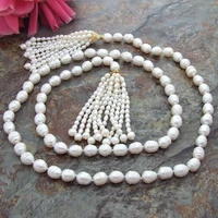 handmade 9x11mm white rice freshwater cultured pearl micro inlay zircon accessories tassel pearl sweater necklace long 114cm