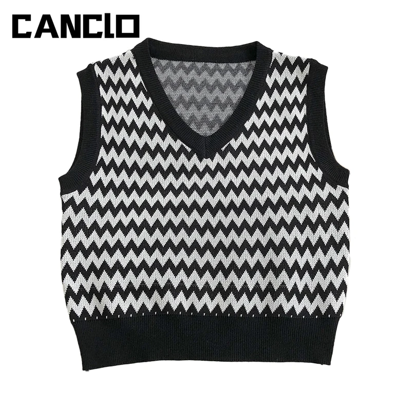 

Spring Autumn Vintage Sweater Vest Women Jumper V Neck Pullover Women Striped Knitted Tops Y2k Preppy Style Crop Top Streetwear