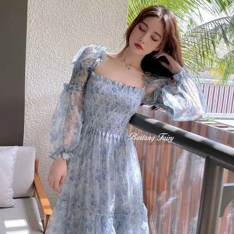 

2021 Summer Lace Elegant Midi Dress Women Puff Sleeve Square Collar Boho Beach Floral Dress Female Party One Piece Dress Korean
