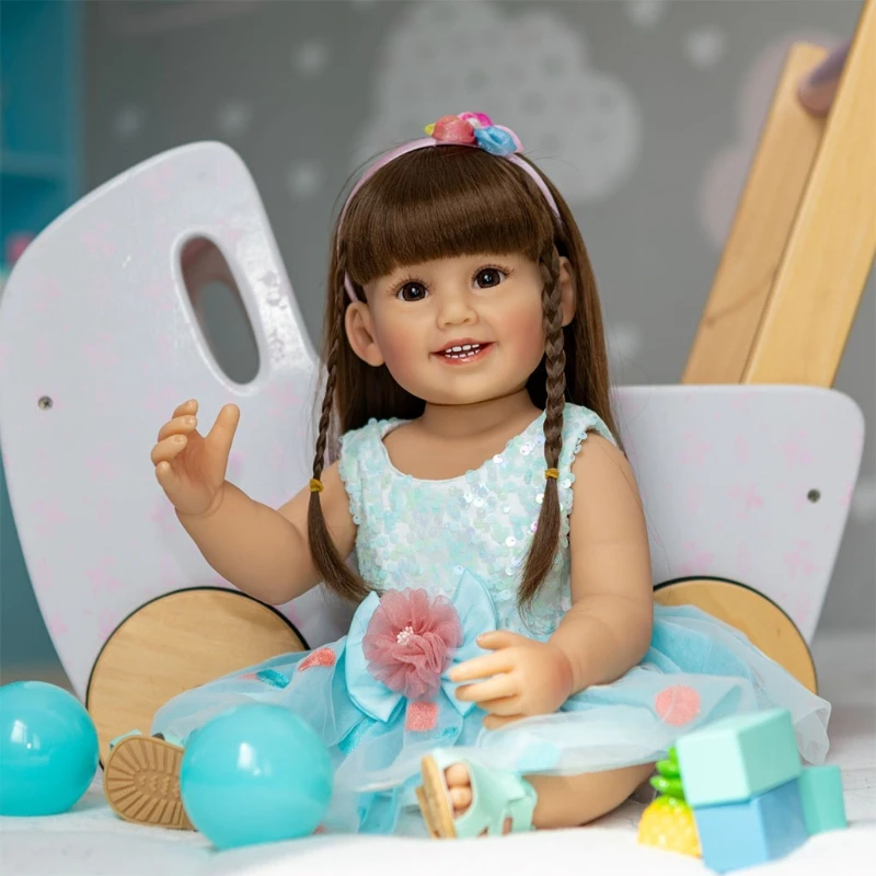 

090B 22inch Silicone Real Baby Girl Lifelike Educational Interactive Doll Body Silicone Vinyl Doll Soft Body Blue Dresses Dol