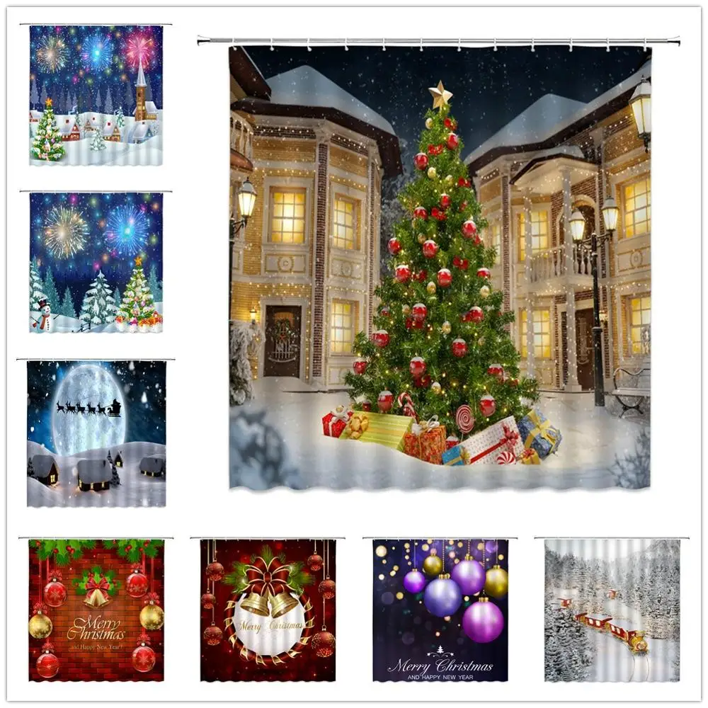 

Christmas Shower Curtains New Year Bathroom Decor Xmas Cartoon Snowman Rope Balls Snow Scenery Kids Bath Room Cloth Curtain Set