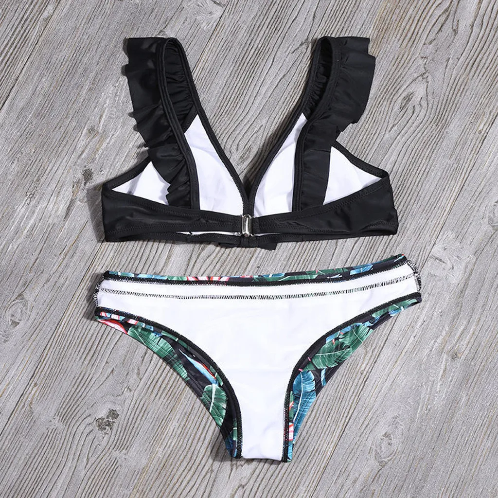 Однотонный комплект бикини с оборками купальник высокой талией и принтом