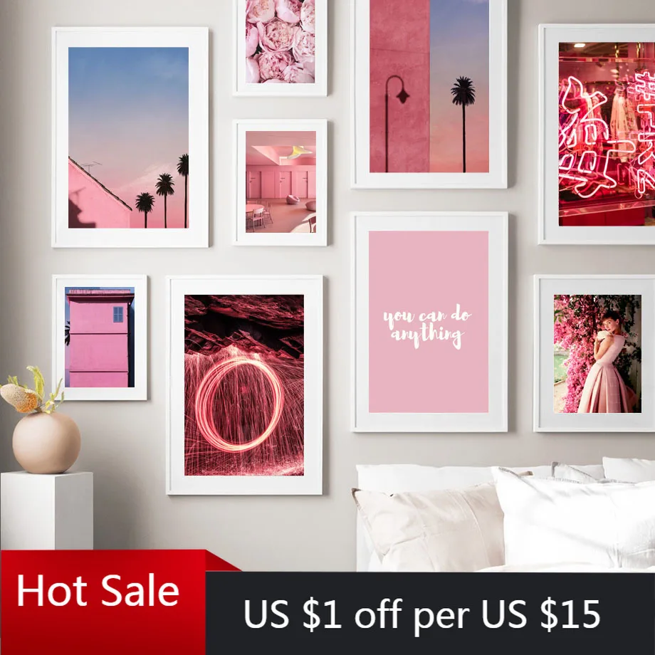 

Wall Art Canvas Painting Pink City Flower Light Beach Girl Photo Nordic Prints Wall Pictures For Posters Aesthetic Room Decor