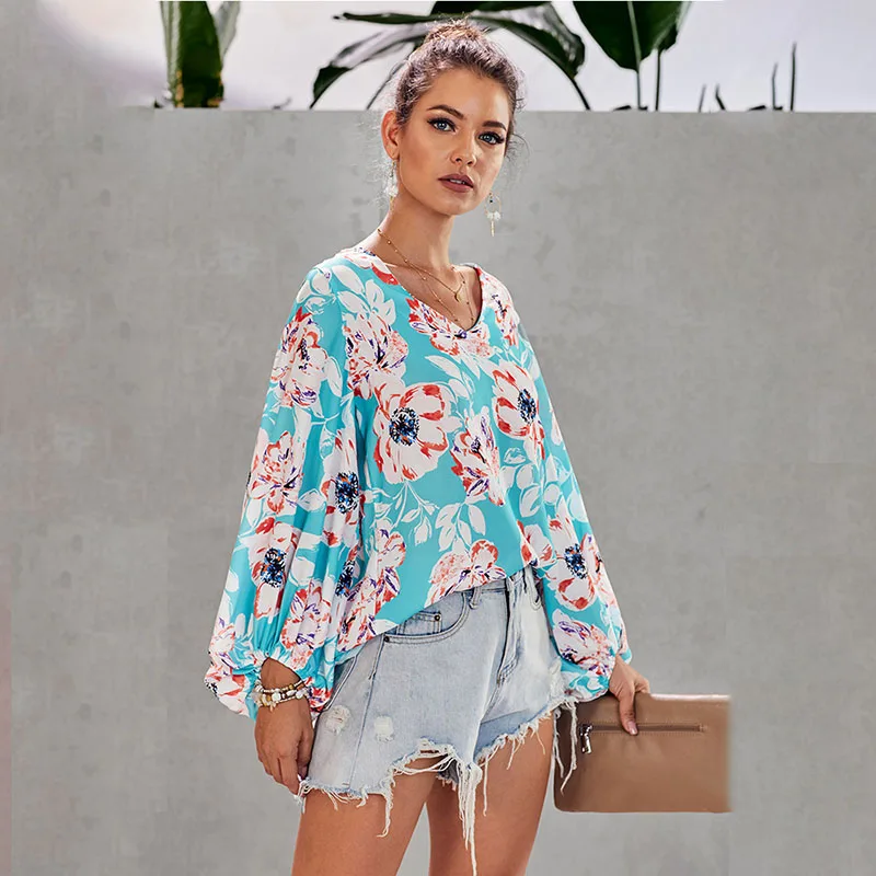 Мода V образным вырезом платье с длинными рукавами фонариками футболка