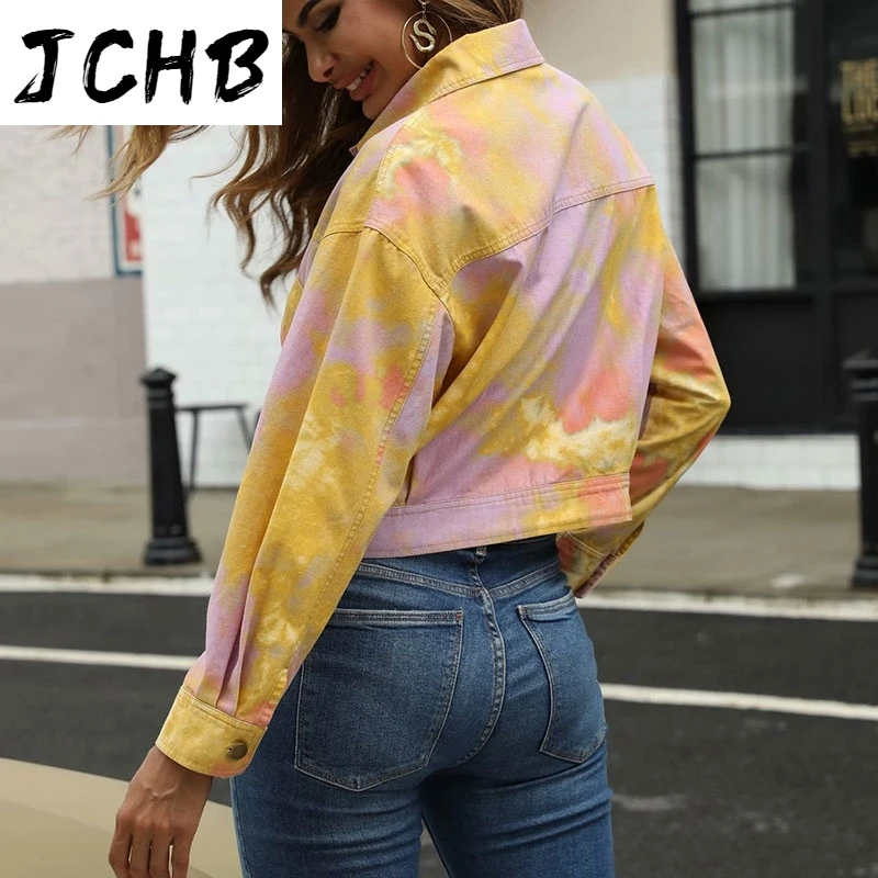 

JCHB Autumn New Turn Down Collar Women's Jean Jacket 2021 Fashion Tie Dye Single-Breasted Denim Jacket Female Cropped jacket