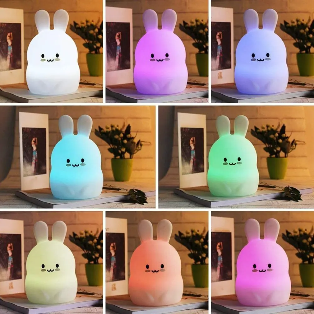 Rabbit LED Night Light Touch Sensor Remote Control 8 Colors Dimming Timer USB Rechargeable Silicone Bunny Lamp for Children Baby | Лампы и